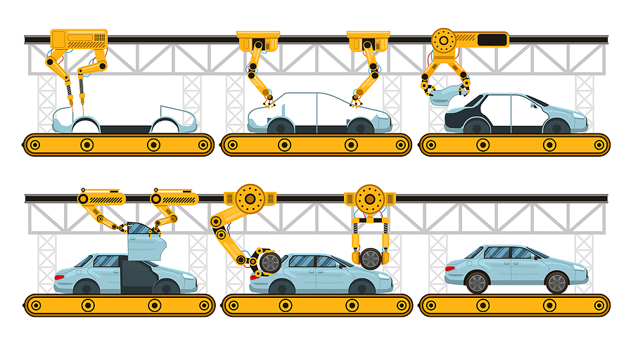 Automobile Assembly. Factory Car Assembly Conveyor, Manufacturin