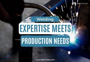 Skilled welder working on heavy equipment in a manufacturing facility, enhancing production efficiency